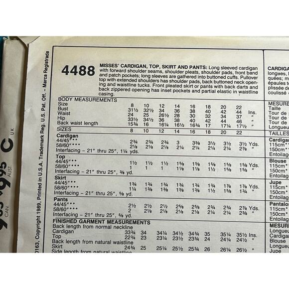 McCalls 4488 Pattern Cardigan top skirt pants 1980s size 14 - Picture 6 of 6